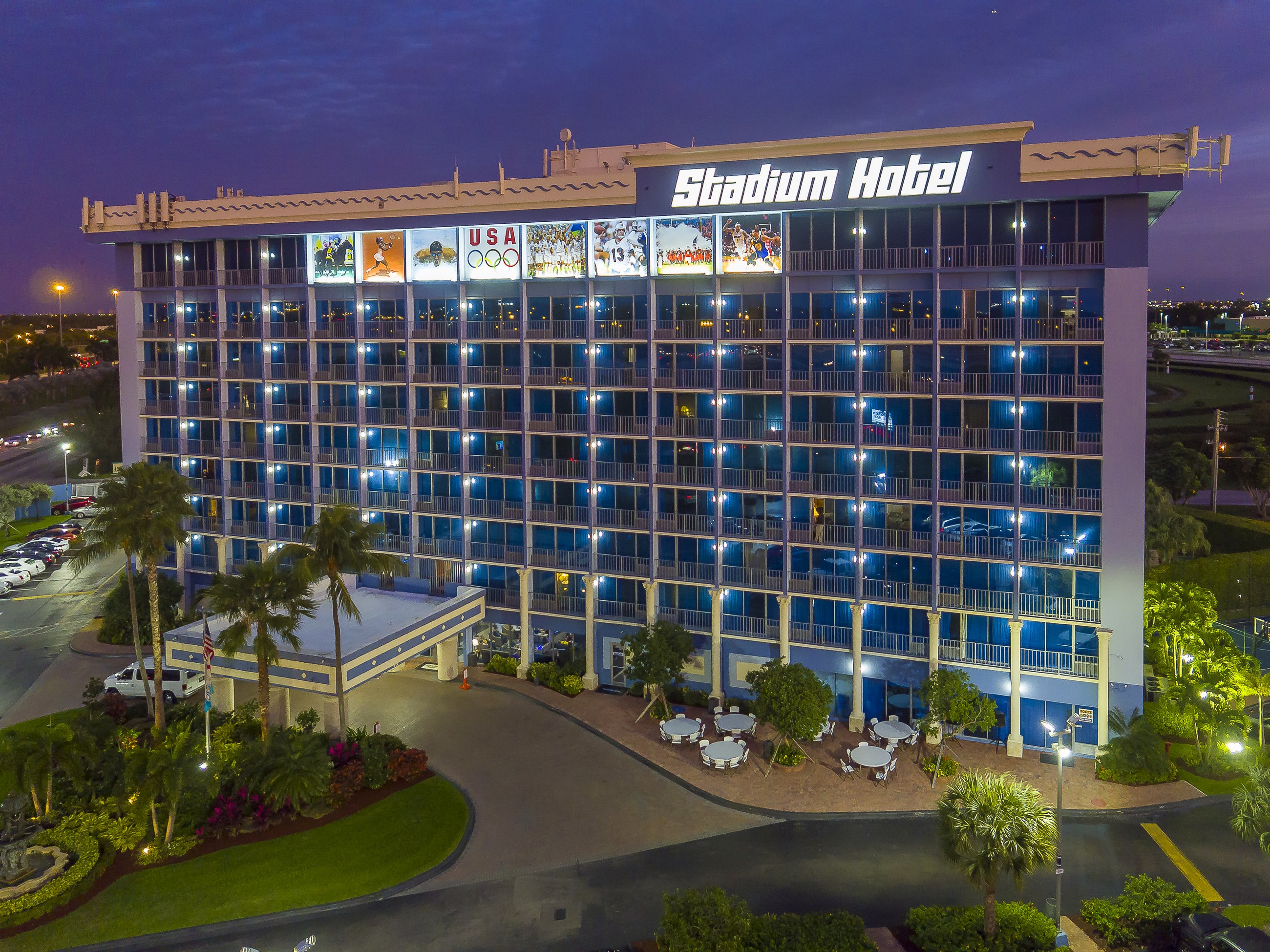 The hotel at dusk